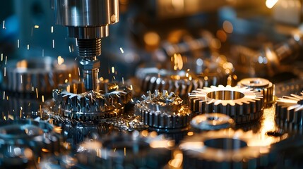 Sticker - Intricate machining of metal gears - Precision engineering at its finest, showcasing the detailed process of machining with metal shavings flying