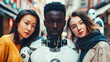 Diversity future concept, African American, black, Asian, Robot, android, ai, people and robots friends background, togetherness