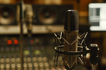 Wall Mural - A closeup shot of a microphone set up in a recording studio with a soundboard