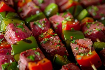 Wall Mural - A close up view of marinated steak and vegetables skewered together, ready to be grilled or cooked