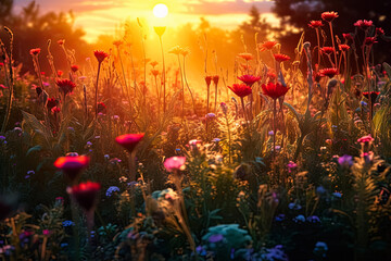 Wall Mural - a field of flowers with a single red flower in the middle.