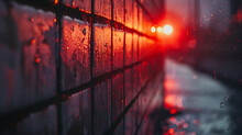 City Lights Reflecting Off A Wet Brick Wall At Night. The Rain Is Falling In Sheets And The City Lights Are Blurred In The Background.