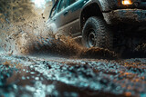 an off-road vehicle driving through muddy terrain, kicking up water and mud as it goes