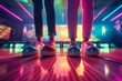 Friends having fun playing bowling with colorful balls and shoes