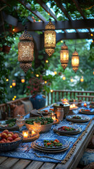 Food for celebrating the end of Ramadan and the holiday of breaking the fast in Islam and Iftar. Homemade food and table setting for celebration.