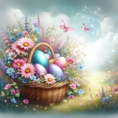 Wall Mural - Easter basket of eggs easter landscape