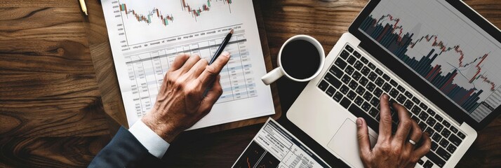 Poster - Man analyzing financial data on laptop with charts