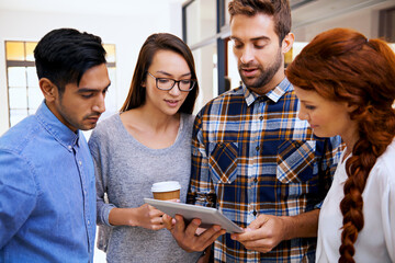 Leinwandbilder - Tablet, discussion or designers in startup for teamwork or collaboration with technology in creative company. Talking, colleagues or group of people in a business for diversity or planning on project