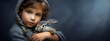 Young boy holds in his hands and hugs bunny on dark textured studio background with lot of copy space, web header