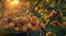 A Bushel Of Freshly Picked Apricots At Sunrise