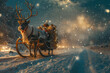 A reindeer with a red nose and a bell collar pulling a sleigh with a sack of presents and a Santa Claus figure on a starry night sky