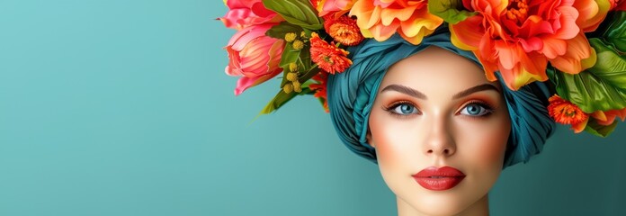 Beautiful portrait of woman wearing a teal coloured turban covered in vibrant flowers, colourful makeup, banner design, turquooise background, copy space for text.