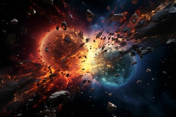 Wall Mural - cosmic collision between two planets with fiery debris and a distorted starry background.