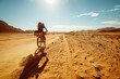 bike traveler rides through the desert under the scorching sun
