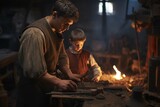 Fototapeta Do akwarium - Medieval village blacksmith's apprentice learning the craft