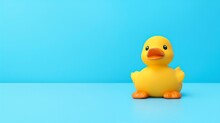 Yellow Rubber Duck Toy On Blue Background.