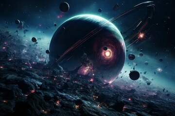 Wall Mural - futuristic planetary system with vibrant celestial bodies and sparkling stars.