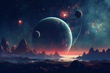 Wall Mural - retro-style planetary system with colorful ringed planets and rocket ships.