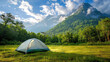 Tourists Camping. Picnic tent on a mountain meadow
