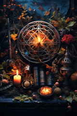 Poster - Wiccan symbols and tools on the table indoor.