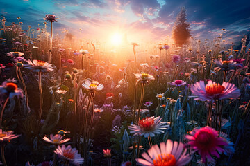 Wall Mural - a field of flowers with a single red flower in the middle.