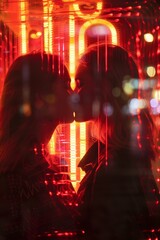 Two girls kissing, painting, neon outline, dark red lights nightclub.