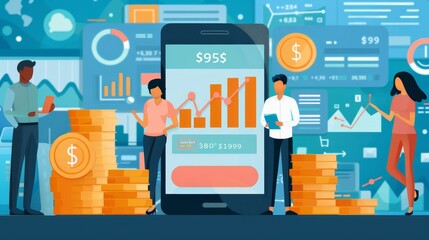 Poster - An animated financial team engages with data analytics and metrics displayed on a large smartphone, representing business performance analysis.