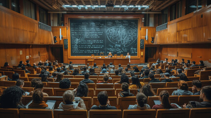 university lecture hall with students and professors, students attentively listening to professors i