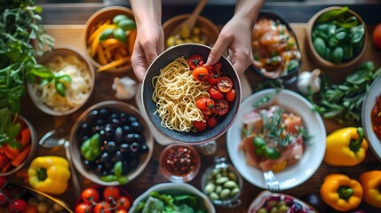 Poster - Overhead View of Person Garnishing Food Amongst an Array of Fresh Ingredients and Dishes. Vibrant Culinary Scene. Healthy Eating Lifestyle. AI