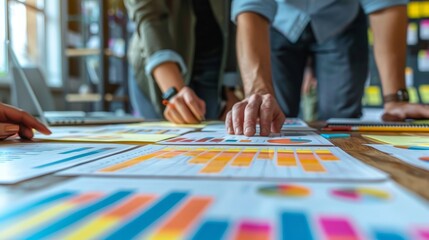 Poster - Close-up of a professional team's hands pointing at colorful data charts and business graphs during a strategy meeting.