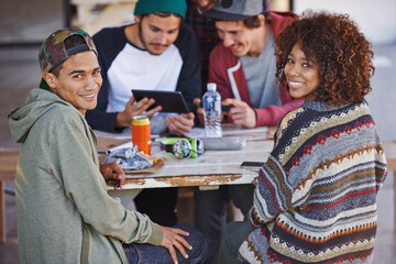 Poster - Portrait, table and university friends at study group with smile, hug and social support in education. Books, tablet and students relax together on patio with diversity, opportunity and college