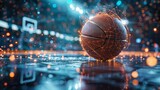 Fototapeta Uliczki - A digitally enhanced basketball glows with a network pattern on an indoor court, symbolizing technology's integration with sports.
