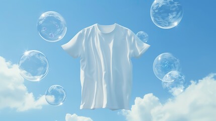 Wall Mural - A white t-shirt floats in the air, surrounded by transparent bubbles on a light sky blue backgrounds. Generated by artificial intelligence.