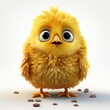 A cute, fluffy yellow chick standing amidst some seeds