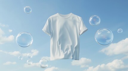 Canvas Print - A white t-shirt floats in the air, surrounded by transparent bubbles on a light sky blue backgrounds. Generated by artificial intelligence.