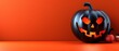  A Halloween pumpkin with glowing eyes and a Jack-o'-lantern in front of a vibrant orange backdrop