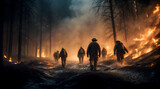 Fototapeta  - Firefighters clad in protective gear stride towards a raging fire, Generative AI
