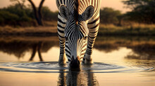 A Zebra Leans Down To Drink From A Pond. African Savanna. Generative AI