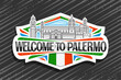 Vector logo for Palermo, white decorative signage with illustration of roman catholic archdiocese of palermo on day sky background, line art design refrigerator magnet with words welcome to palermo