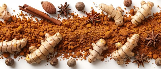 Canvas Print -   A white table holding various spices, including cinnamon and star anise