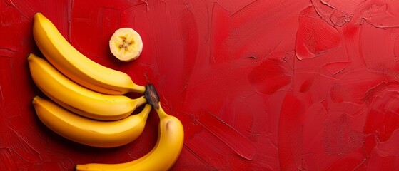   A group of bananas placed atop a red backdrop with one cut in two as an expressionless visage