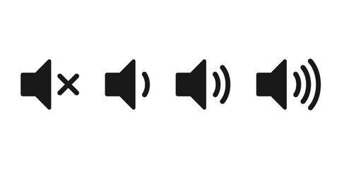 Speaker volume icons with sound waves. Volume up, down, and mute collection. Vector illustration