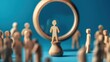 Abstract wooden figures of people under black magnifying glass on blue background.