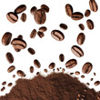 Coffee beans flying and Coffee powder isolated on white background