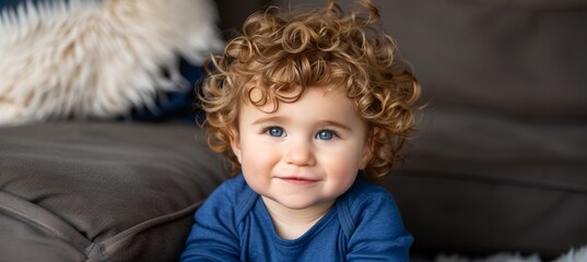 Joyful child with curly hair smiling and looking at the camera for a charming portrait