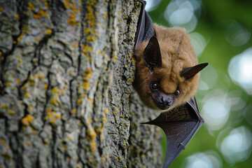 Cute small bat clinging to tree