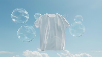 Wall Mural - A white t-shirt floats in the air, surrounded by transparent bubbles on a light sky blue backgrounds. Generated by artificial intelligence.