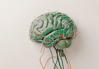 Poster - Integrating Technology and Mind: Detailed illustration of a brain formed by complex electronic circuits and components
