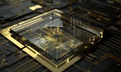 Poster - Illuminated circuit: close-up of a glowing complex microprocessor among complex electronic components