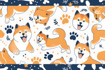 Sticker - seamless pattern cute shiba inu and line art drawing of paws and bones, vibrant illustration style for kids